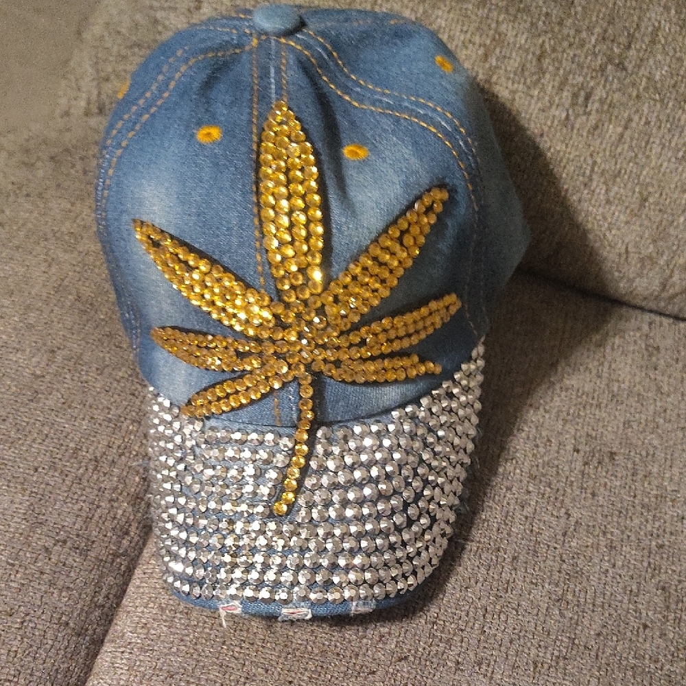 Embellished Denim Cap with Gold Leaf Design - Picture 5 of 6